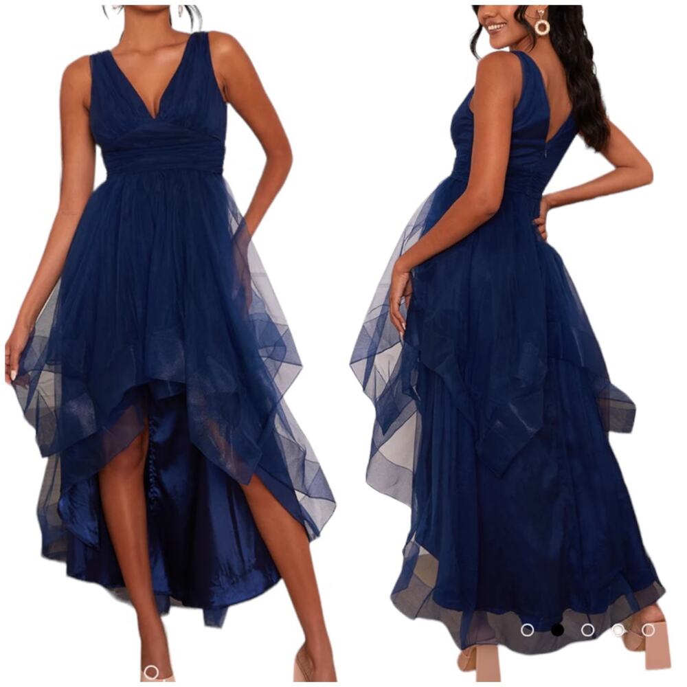 Chi Chi London NWT Plunge Neck Tiered Tulle Dip Hem Party Dress Navy Blue Size 4